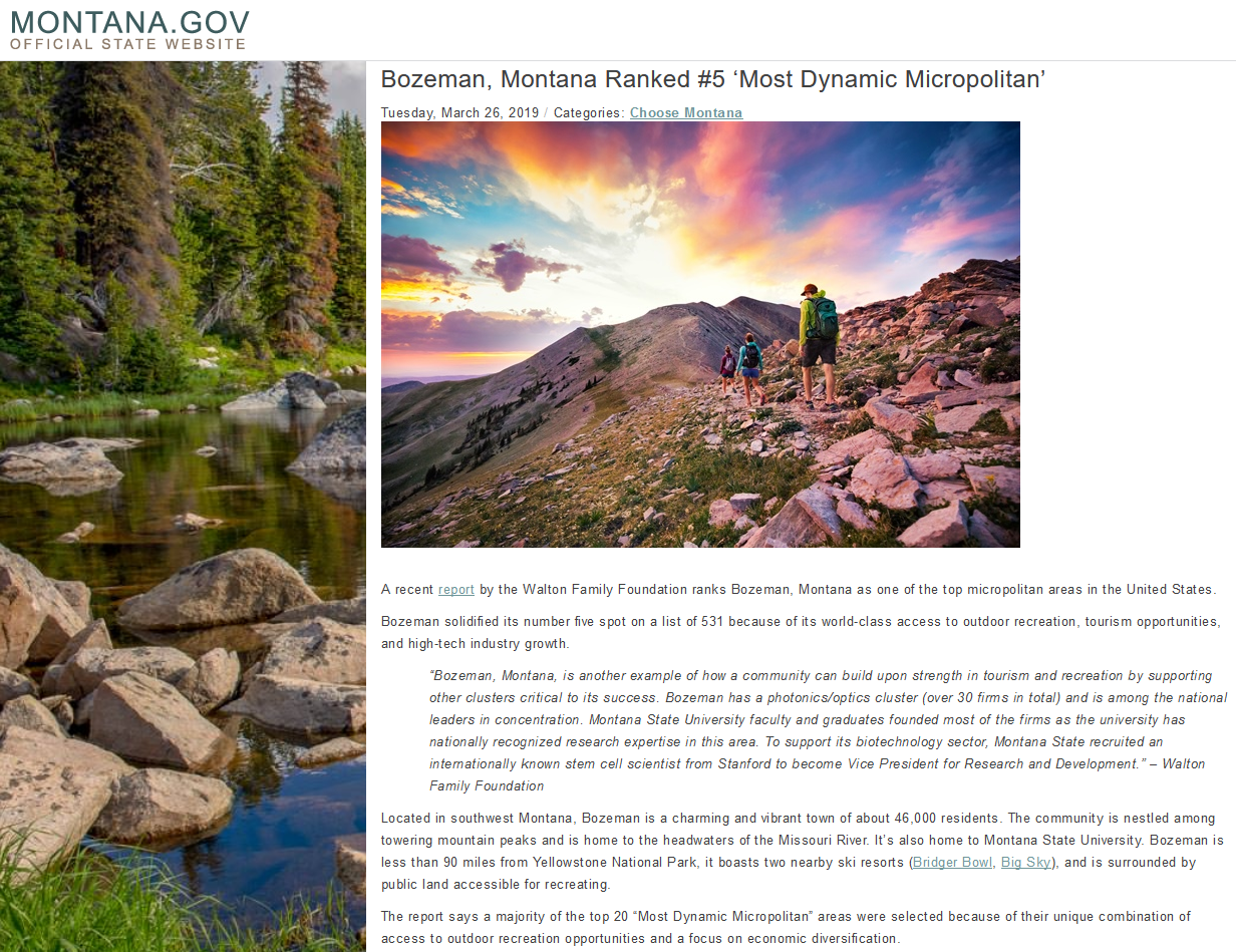 Bozeman Number 5 in the Top 20 Most Dynamic Micropolitans in US Photo Bozeman is Number 5 in the Top 20 Most Dynamic Micropolitans