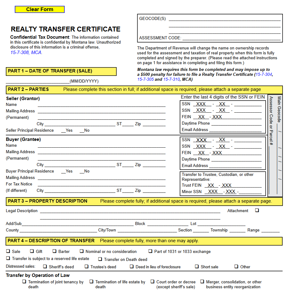 Montana Realty Transfer Certificate