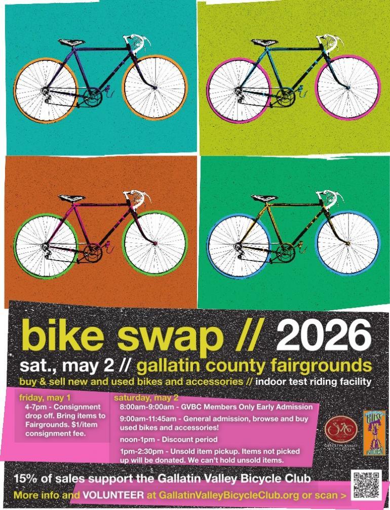 Gallatin Valley Bike Swap 2026, Bozeman MT, Poster. Photo Gallatin Valley Bike Swap 2026 Poster.